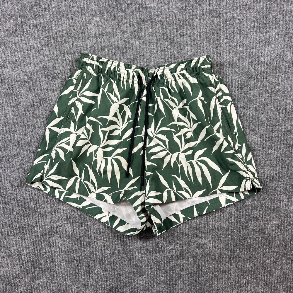 H&M Patterned Swim Shorts Men Small Green White Leaf Print Mesh Lined Drawstring